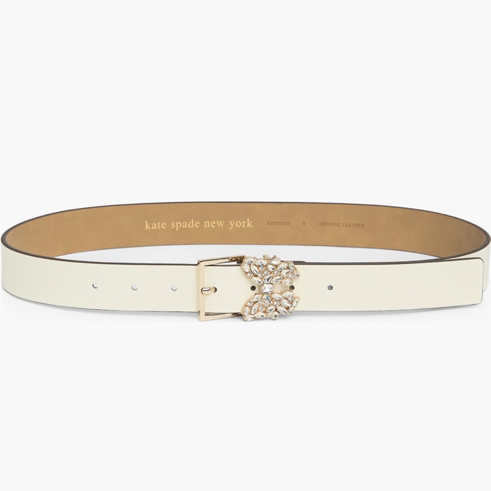 Kate Spade Cream Leather Belt with Rhinestone Flower Metal Buckle